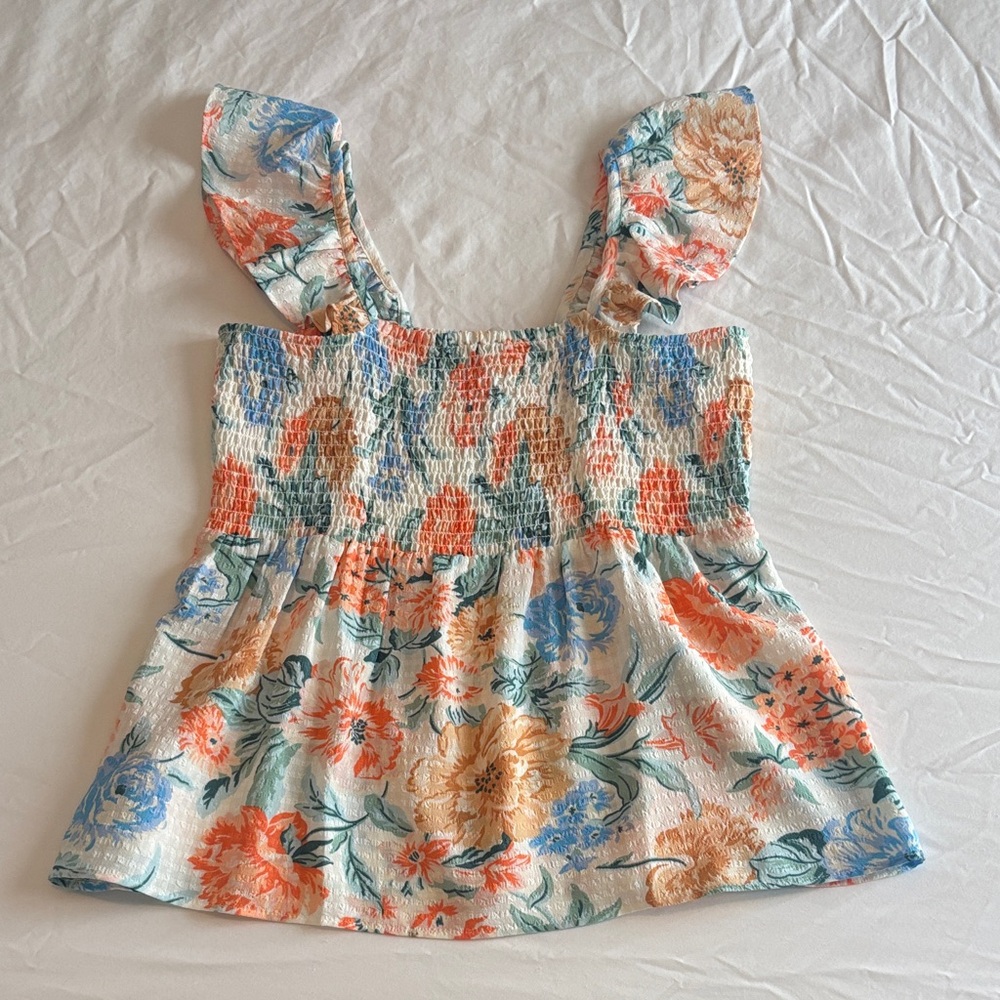 LOFT Floral Smocked Top - Blue, Orange, Cream